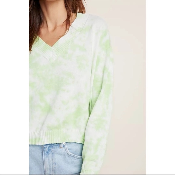 Anthropologie Lira Tie Dye V Neck Sweater Green Sz Large Boho Oversized Cropped - Picture 5 of 10